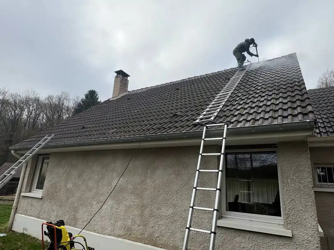 Démoussage de toiture en cours — opérateur LD Couvreur sur pavillon dans le Val-de-Marne