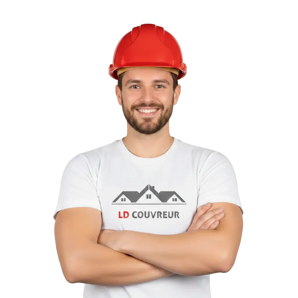La mascotte de LD Couvreur, casque rouge et bras croisés