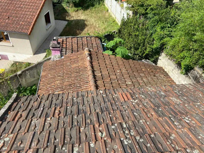 Vue plongeante sur une toiture en tuiles plates anciennes — état général à reprendre